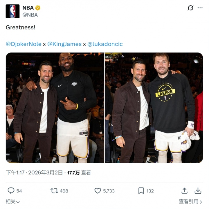 mk体育app-NBA官方晒德约科维奇与詹姆斯&amp;东契奇合影：伟大！
